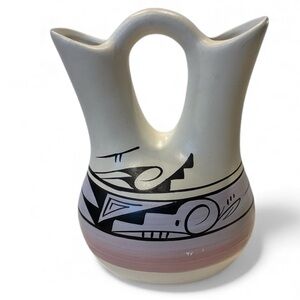 Navajo Bridal Vase Black Pink Purple Accents Double Spout Signed Judy Bluhorse